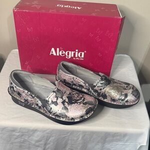 Alegria Pink and Silver Floral Mules